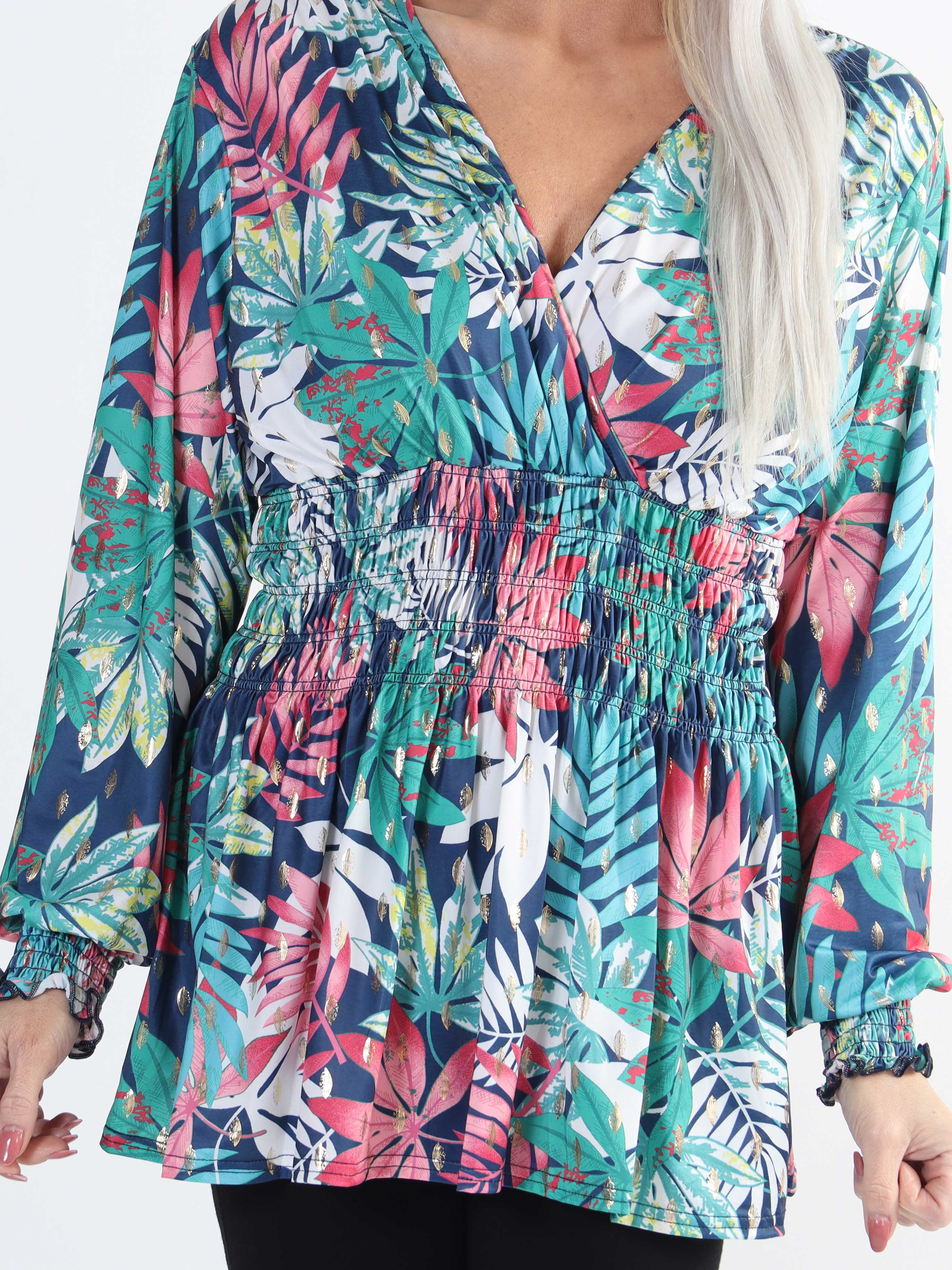 Pams Leaf Shirt L/S - Elastisk plus size bluse i krølfrit stof